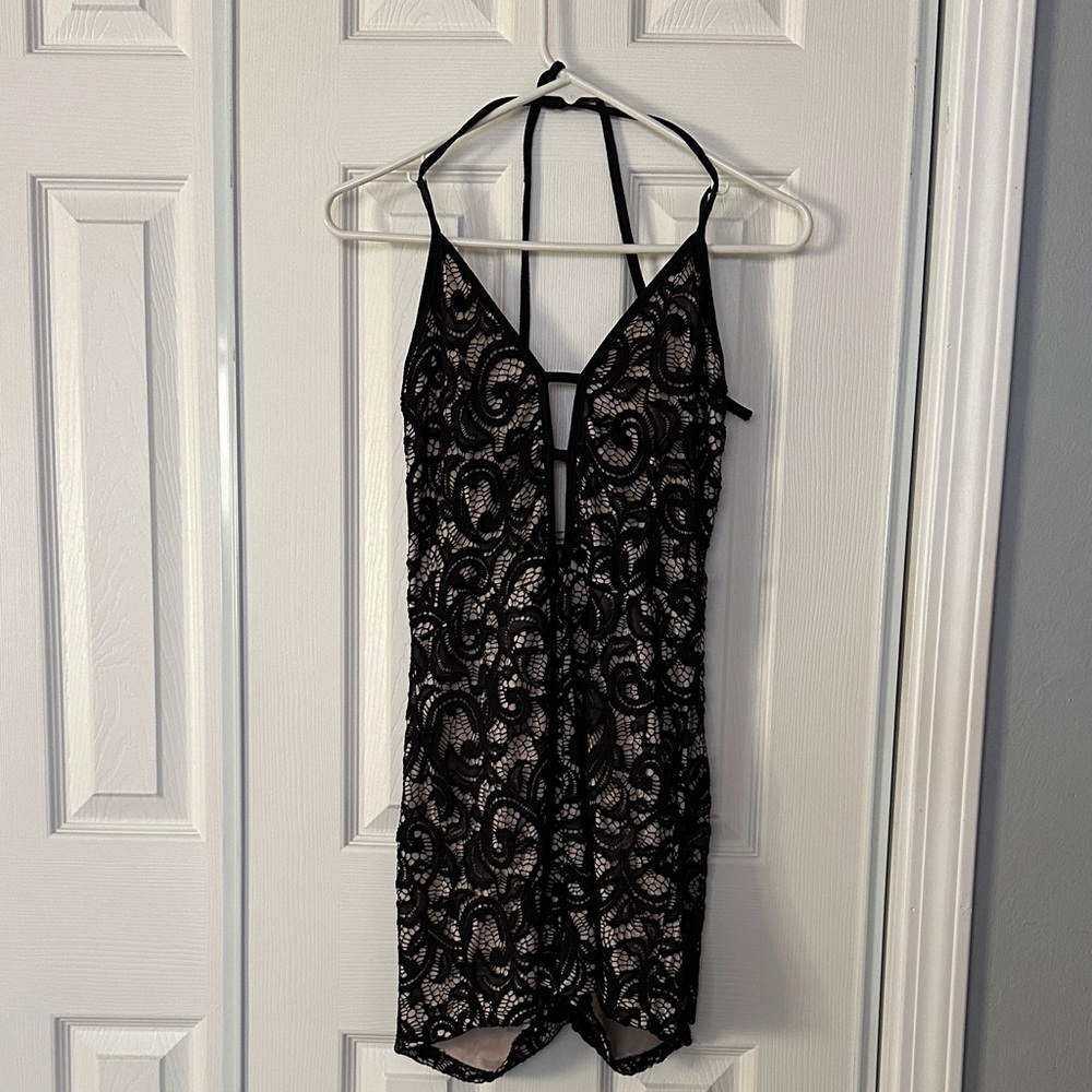 Black and Beige Lace Halter  Romper